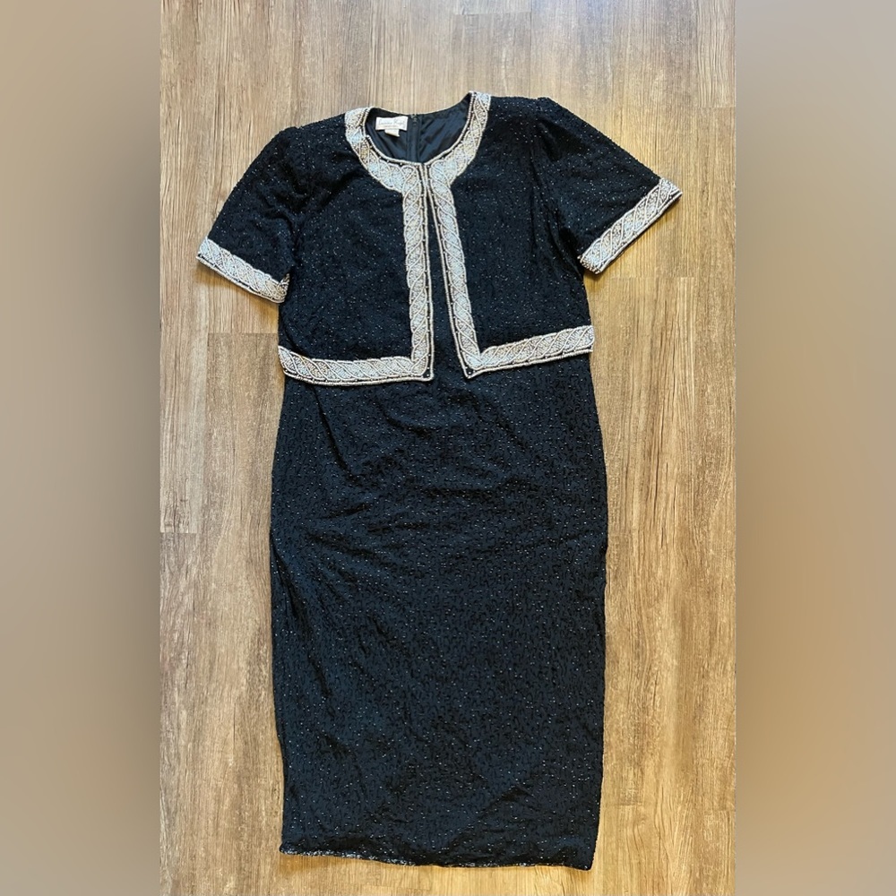 Laurence Kazar New York Long Black White Beaded Dress Gorgeous Vintage 80’s D62